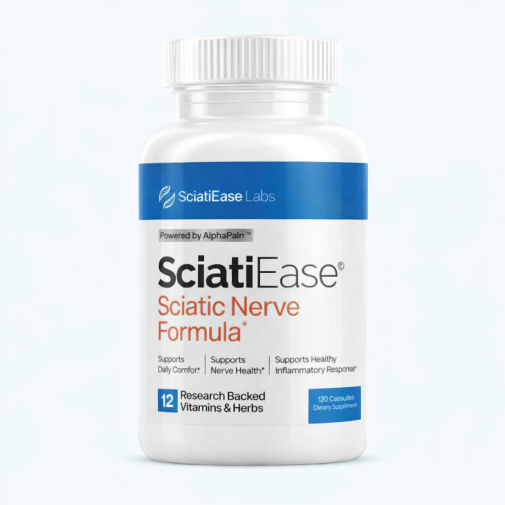 Upright bottle of SciatiEase displayed as the main product image, showing the clean blue‑and‑white label of the sciatic nerve support formula.