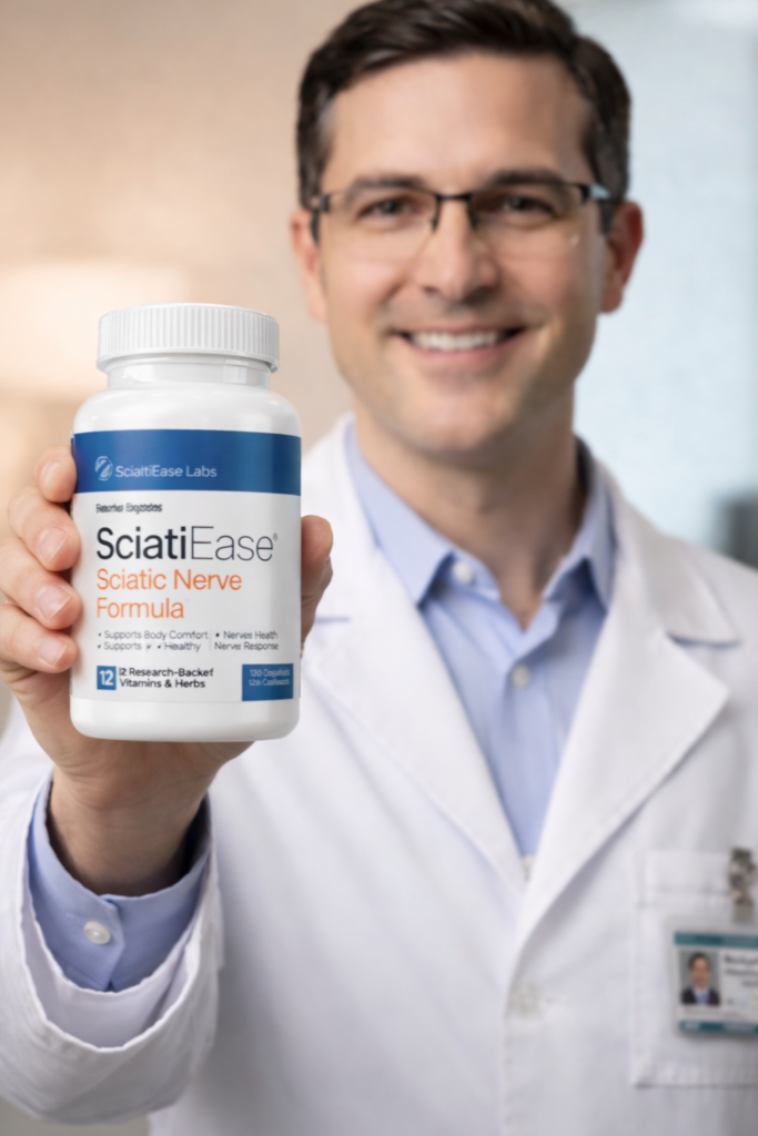 Professional doctor holding a bottle of SciatiEase, presenting the product in a clinical and trustworthy setting.