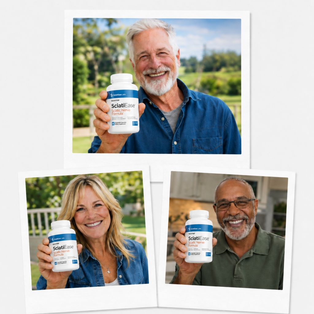 Group of real customers holding SciatiEase bottles, showcasing diverse users and strong social proof for the supplement.