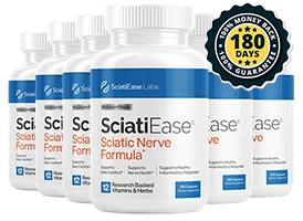 Six‑bottle supply of SciatiEase displayed in a premium layout, highlighting long‑term value and professional product design.