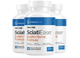 Three‑bottle pack of SciatiEase arranged side by side, showcasing the premium design and value bundle.