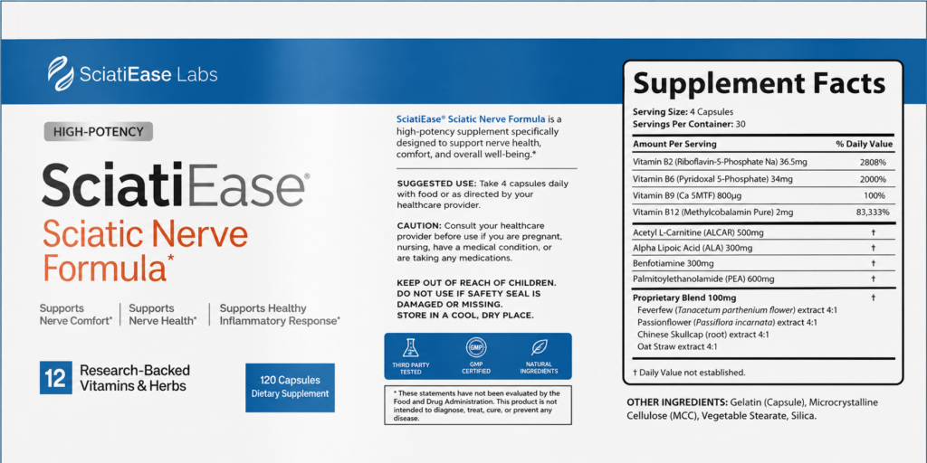 Close‑up image of the SciatiEase front label showing the product name, clean design, and key formula highlights for sciatic nerve wellness.
