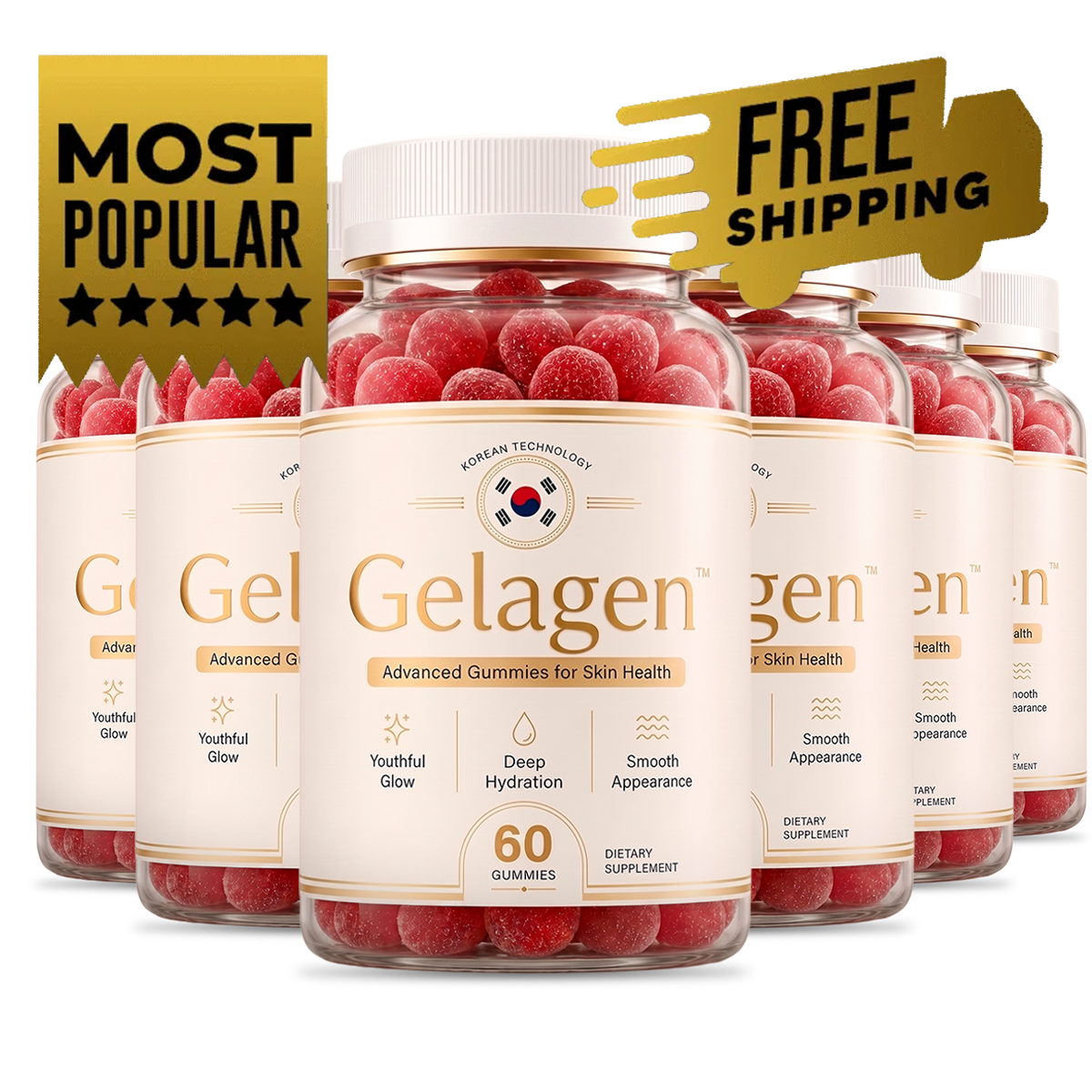 Six bottles of Gelagen gummies most popular package