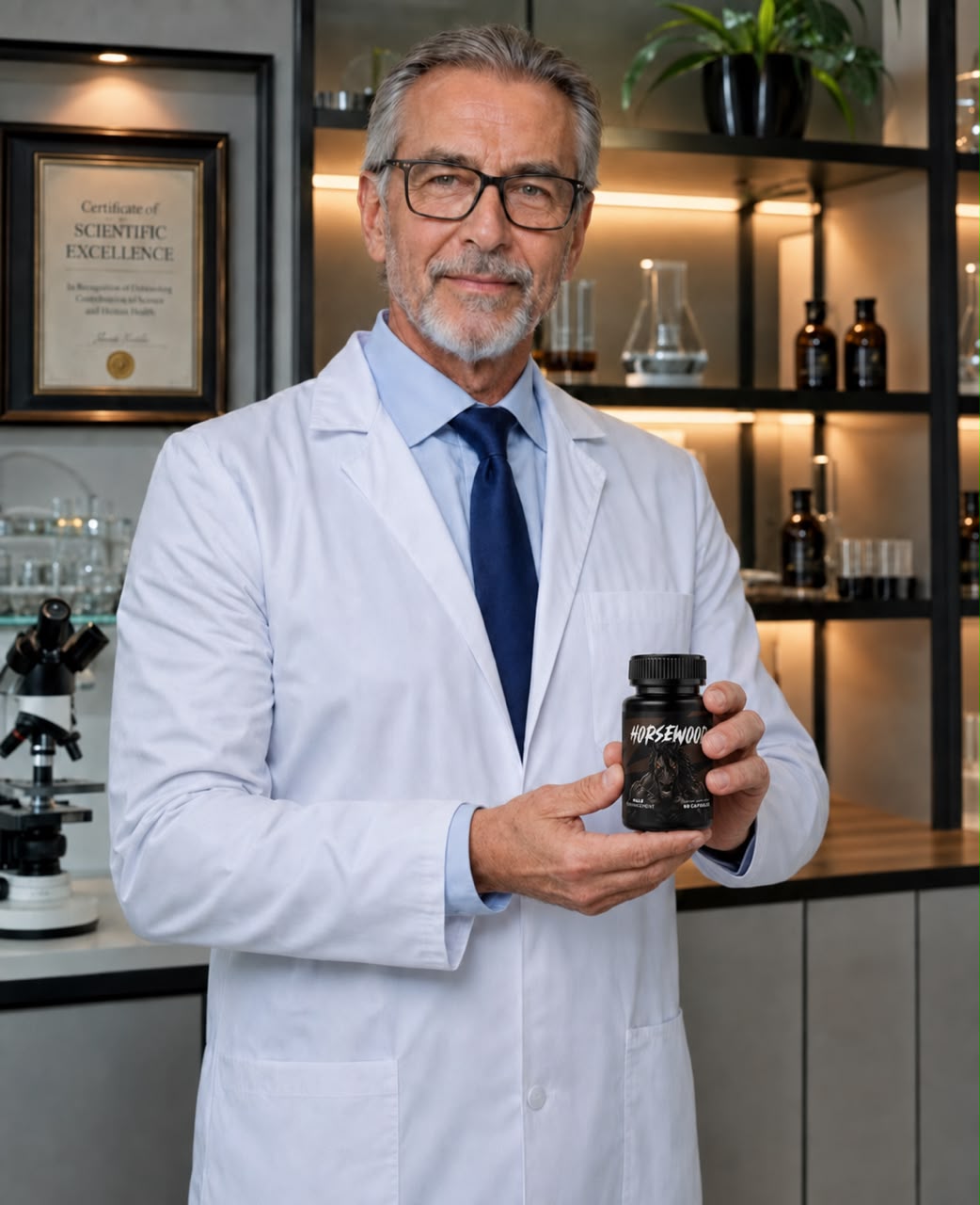 Doctor holding Horsewood male wellness supplement